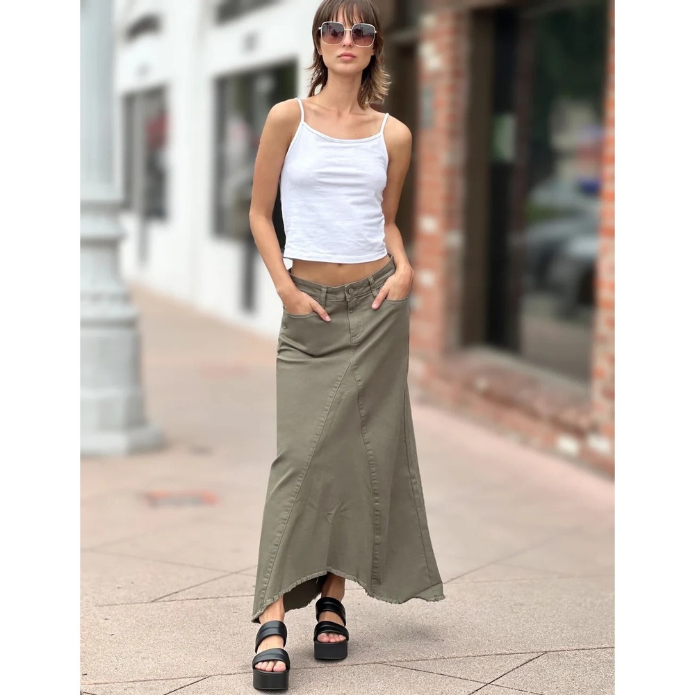 Women's Wah Lab Selma Pieced Denim Maxi Skirt Y2k Frayed Trim 28 Army Green